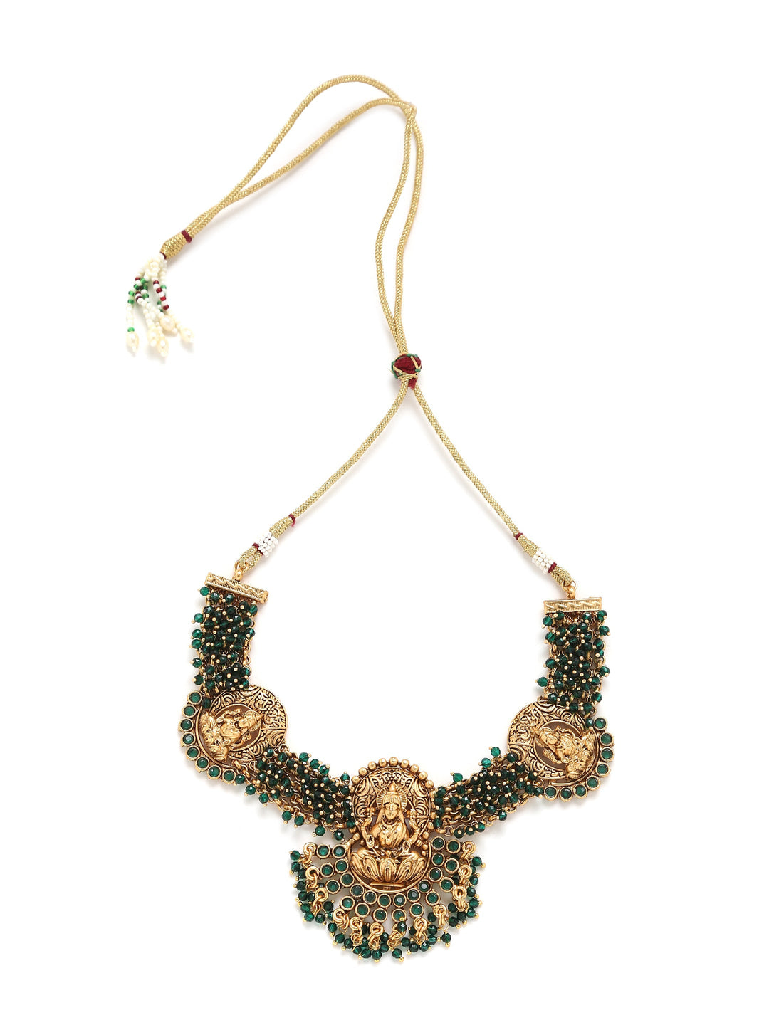 Laxmi temple necklace with green glass beads | SHOBITAM