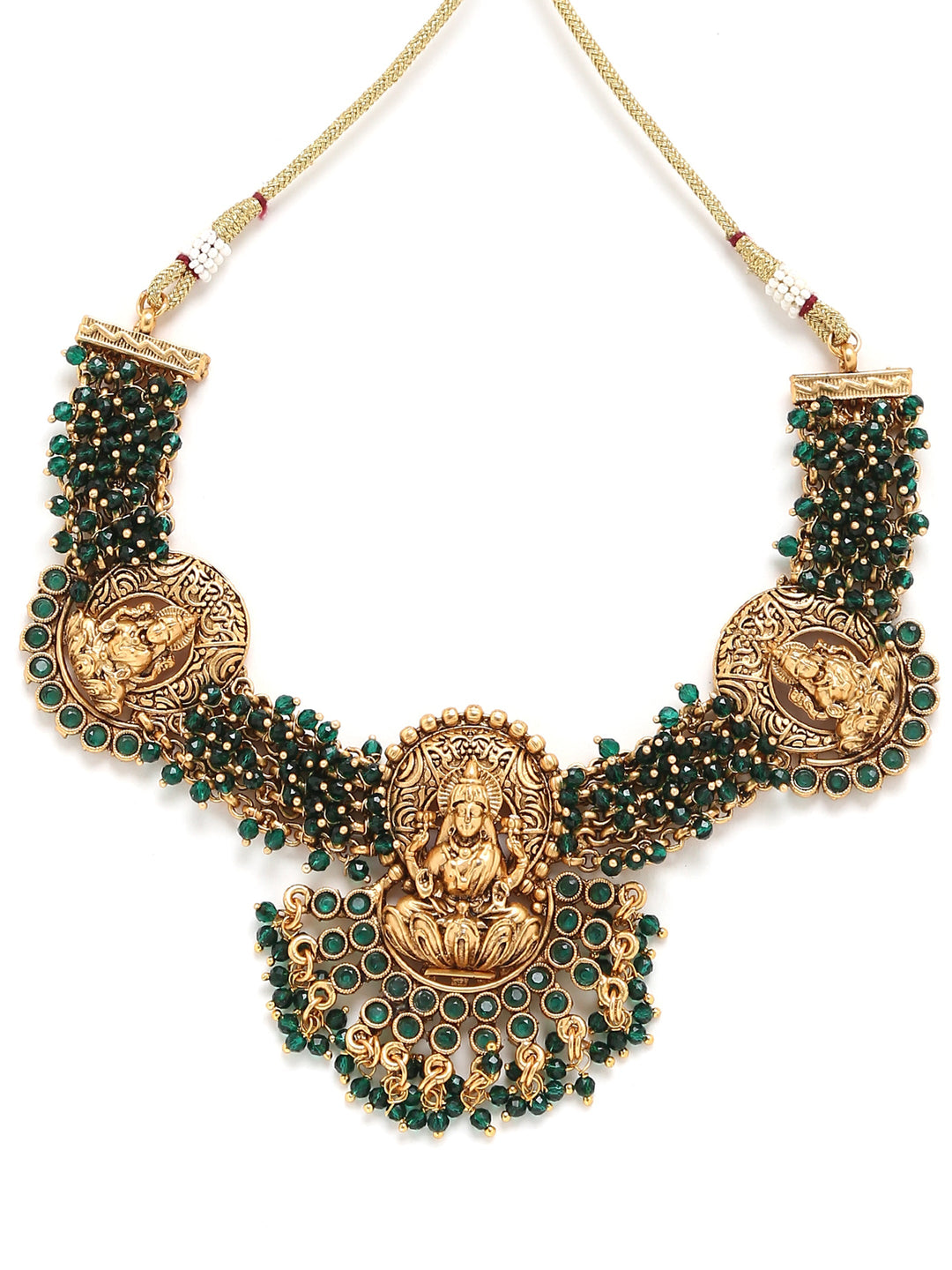 Laxmi temple necklace with green glass beads | SHOBITAM