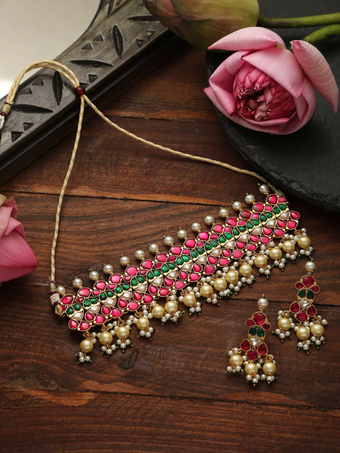 Pearl Kundan Choker With Earrings | SHOBITAM