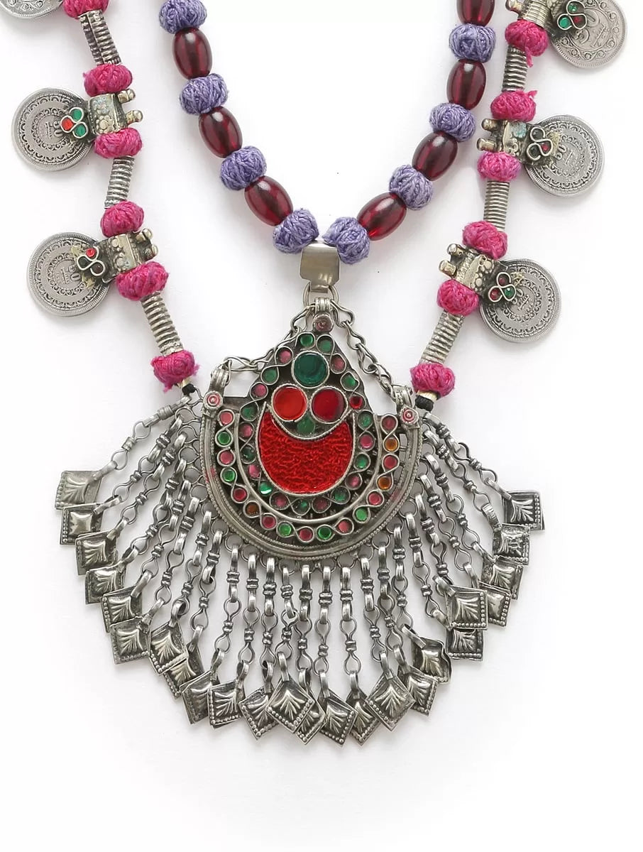 Necklace - Afghani Glass Detail With Coin And Thread - Red | SHOBITAM