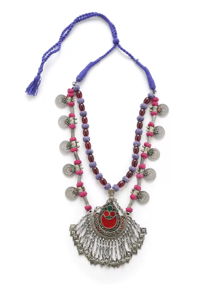 Necklace - Afghani Glass Detail With Coin And Thread - Red | SHOBITAM