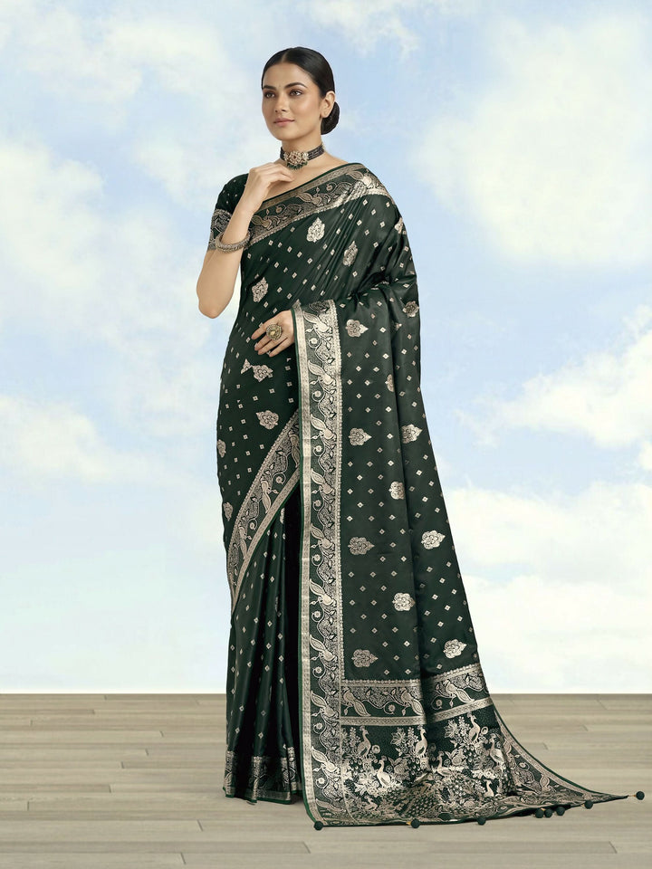 Dark Geen Woven Banarasi Satin Silk Saree | SHOBITAM
