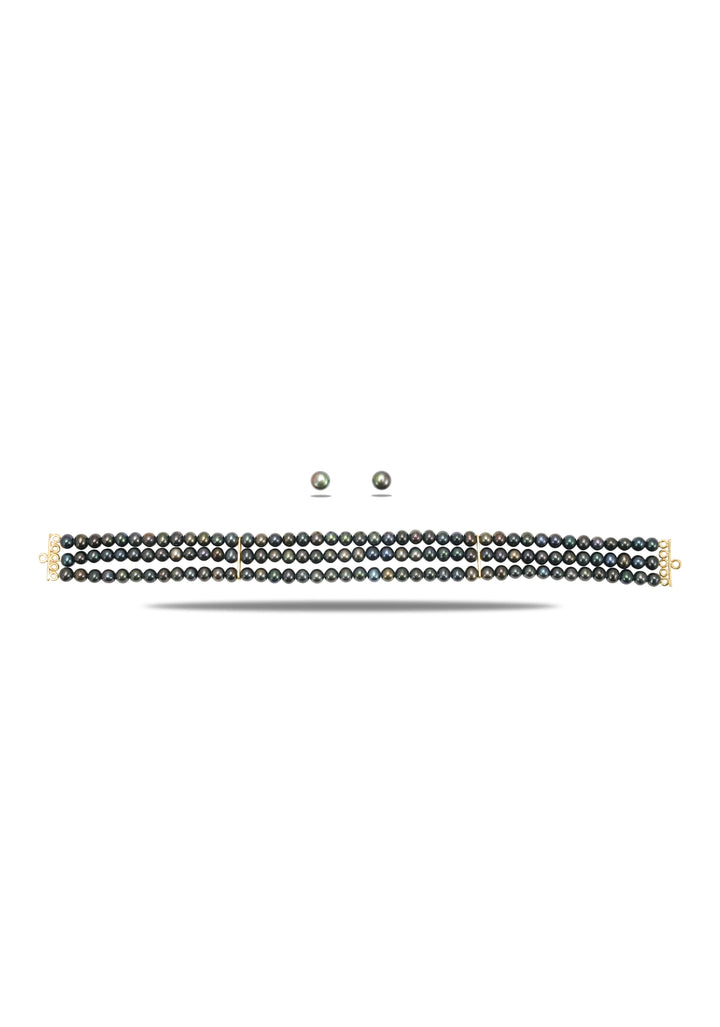 Midnight Elegance: Blue Black Three Strand Pearl Choker and Single Pearl Stud Earrings Set