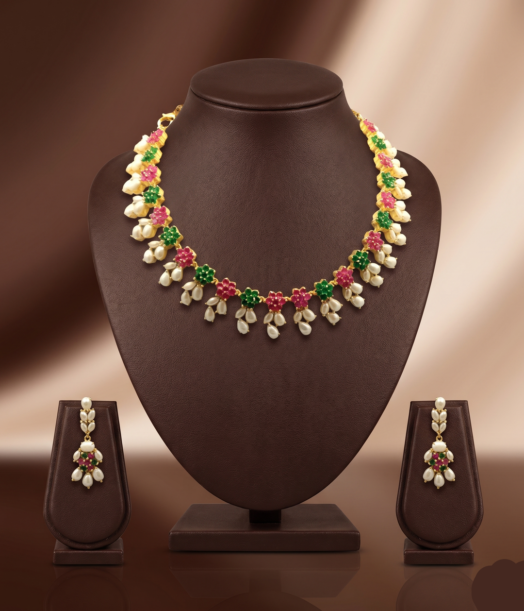 Royal Tricolor AD & Freshwater Pearl Necklace Set | SHOBITAM