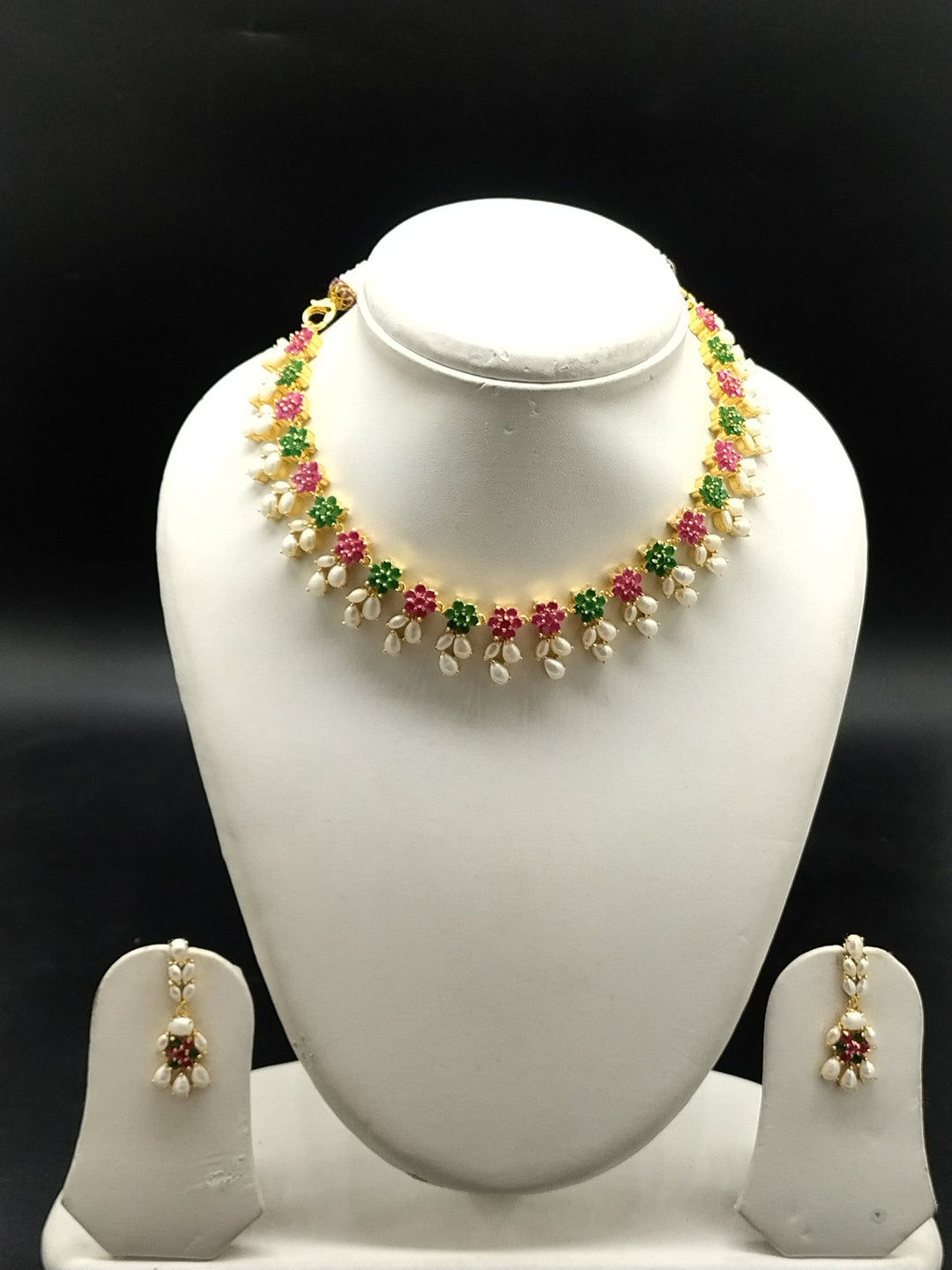 Royal Tricolor AD & Freshwater Pearl Necklace Set | SHOBITAM