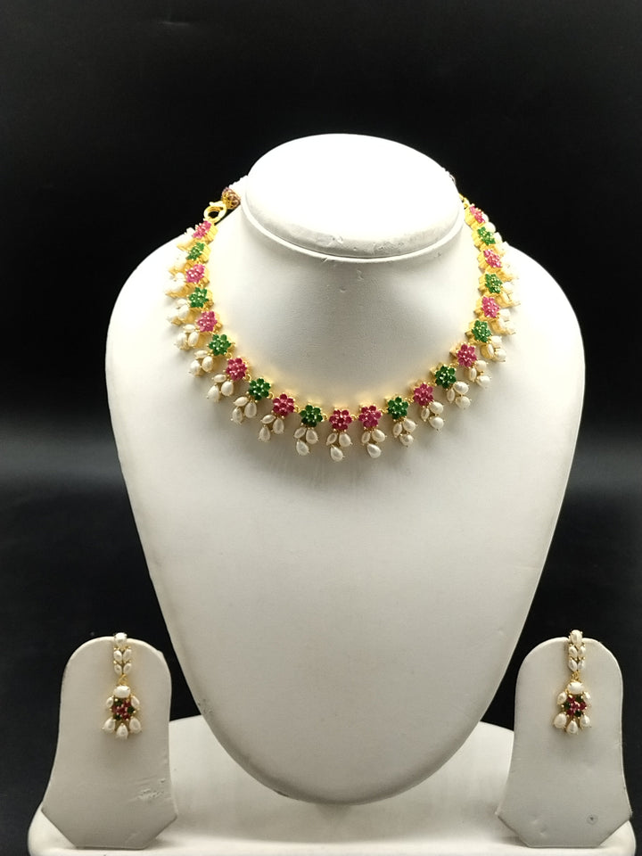 Royal Tricolor AD & Freshwater Pearl Necklace Set | SHOBITAM
