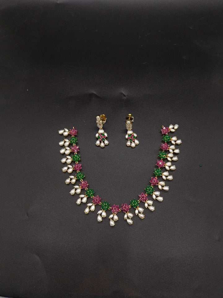 Royal Tricolor AD & Freshwater Pearl Necklace Set | SHOBITAM