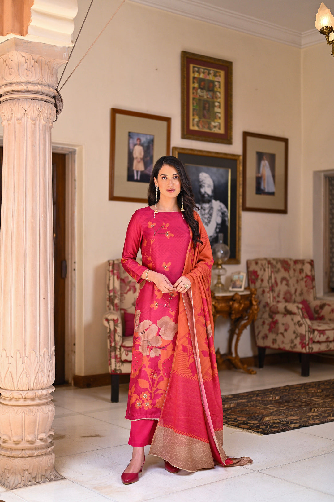 Fresh Pink and Orange Bloom Pure Muslin Suit Set With Patch Work and Moti with Tube Bead Work - SET OF-3 | SHOBITAM