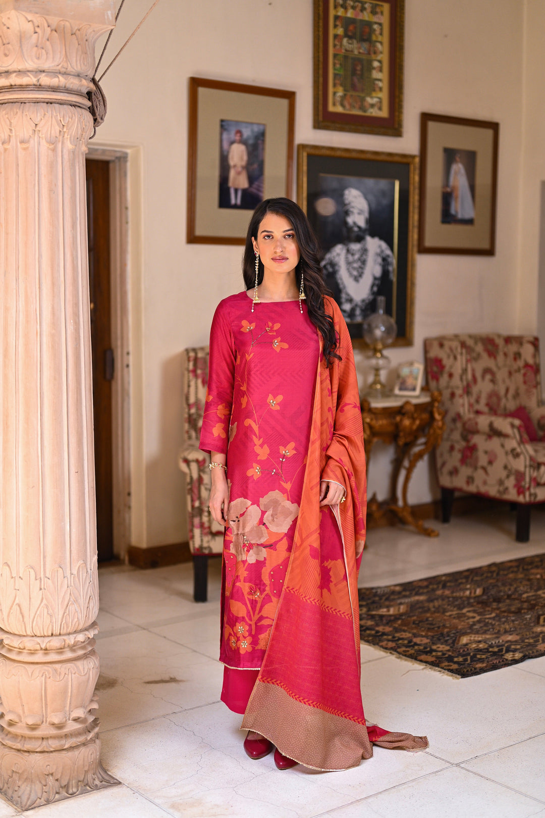 Fresh Pink and Orange Bloom Pure Muslin Suit Set With Patch Work and Moti with Tube Bead Work - SET OF-3 | SHOBITAM