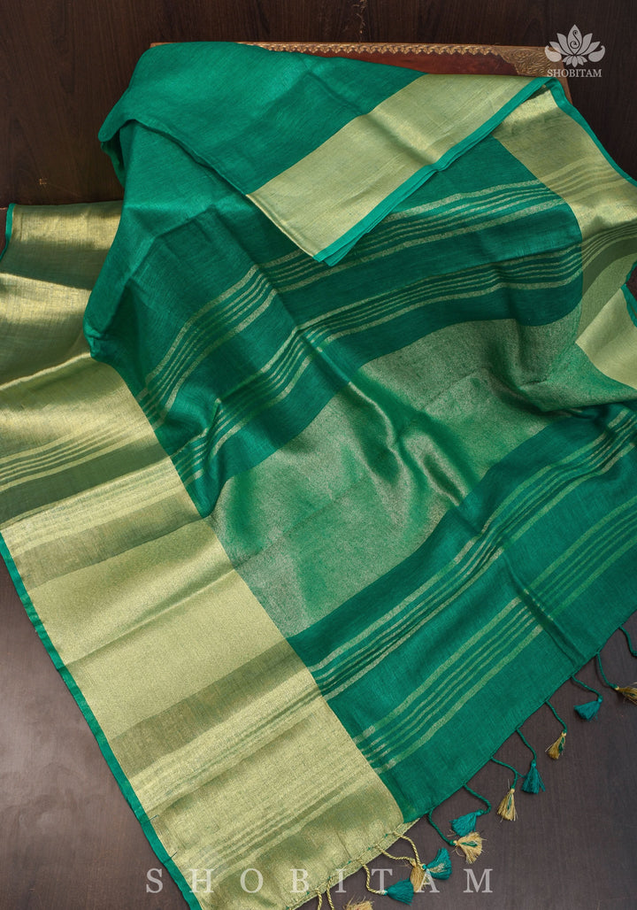 Rama Green Linen Saree with Wide Border | Shobitam Saree