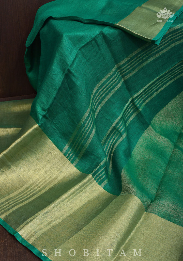 Rama Green Linen Saree with Wide Border | Shobitam Saree