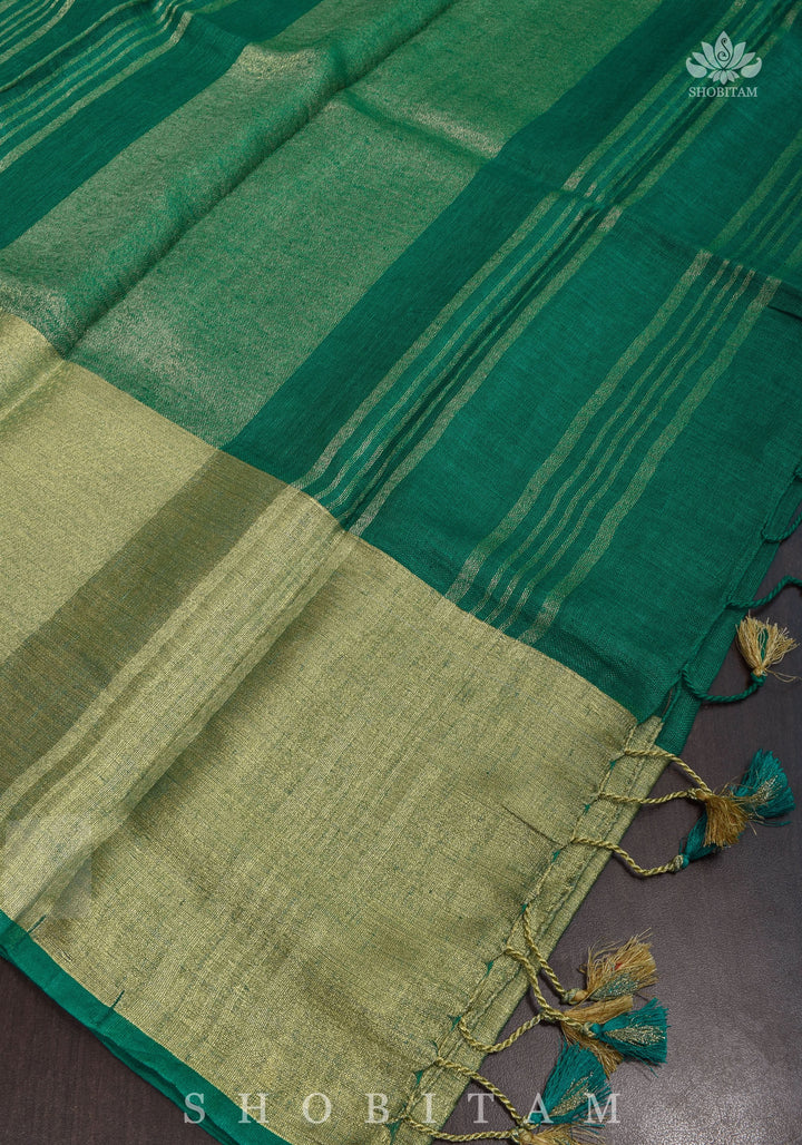 Rama Green Linen Saree with Wide Border | Shobitam Saree