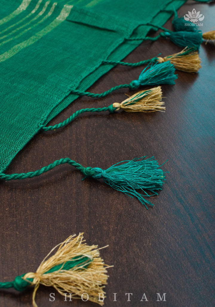 Rama Green Linen Saree with Wide Border | Shobitam Saree