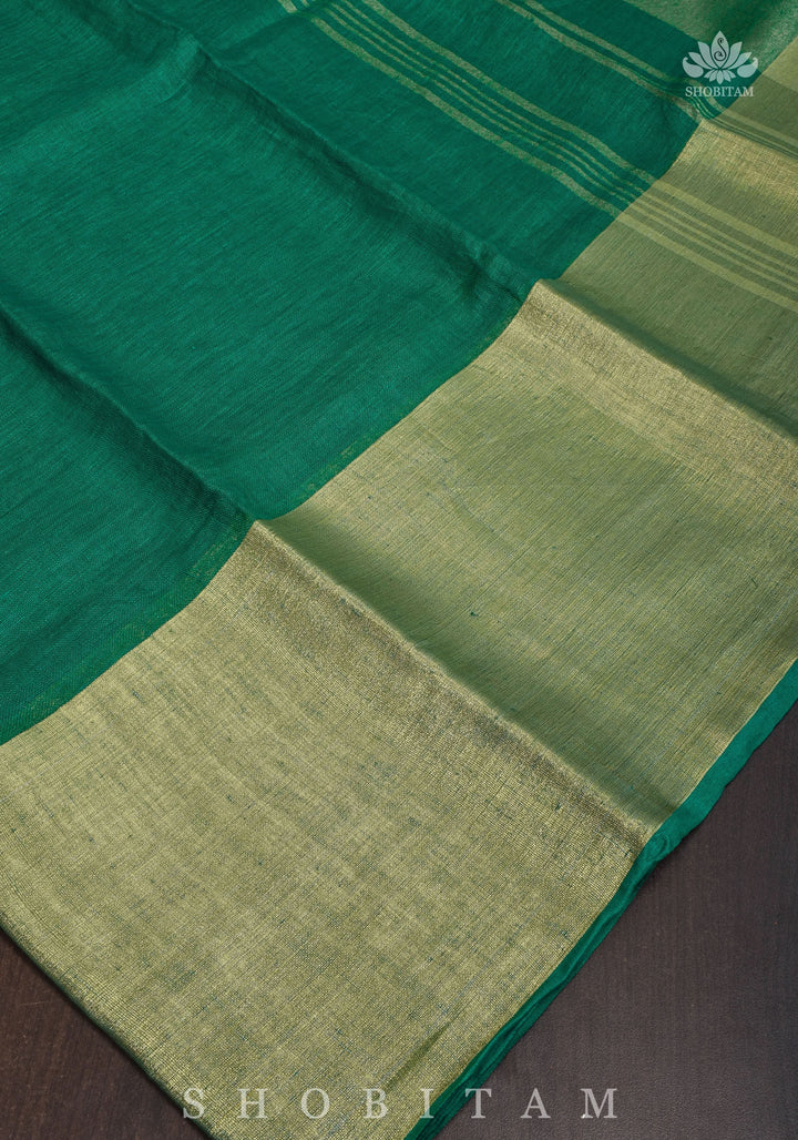 Rama Green Linen Saree with Wide Border | Shobitam Saree