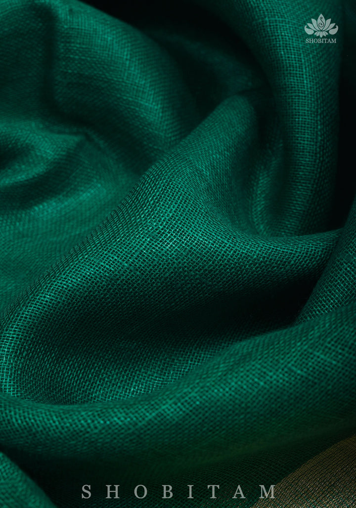 Rama Green Linen Saree with Wide Border | Shobitam Saree