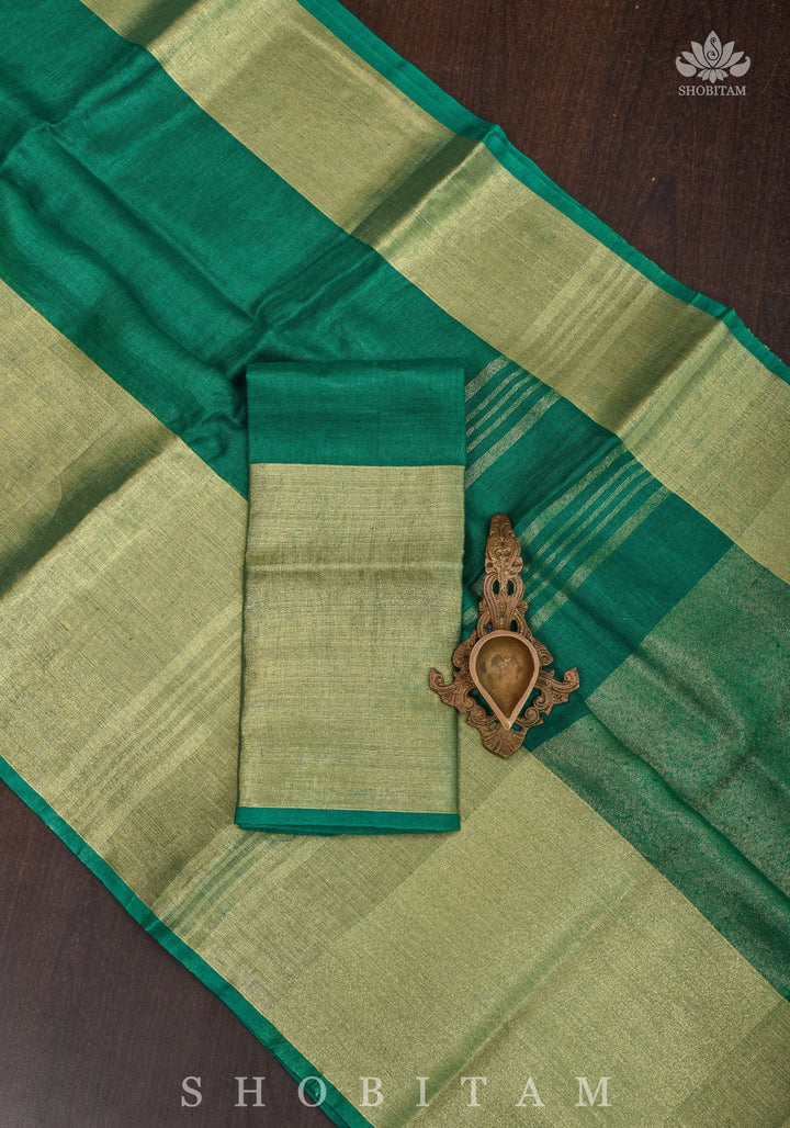 Rama Green Linen Saree with Wide Border | Shobitam Saree