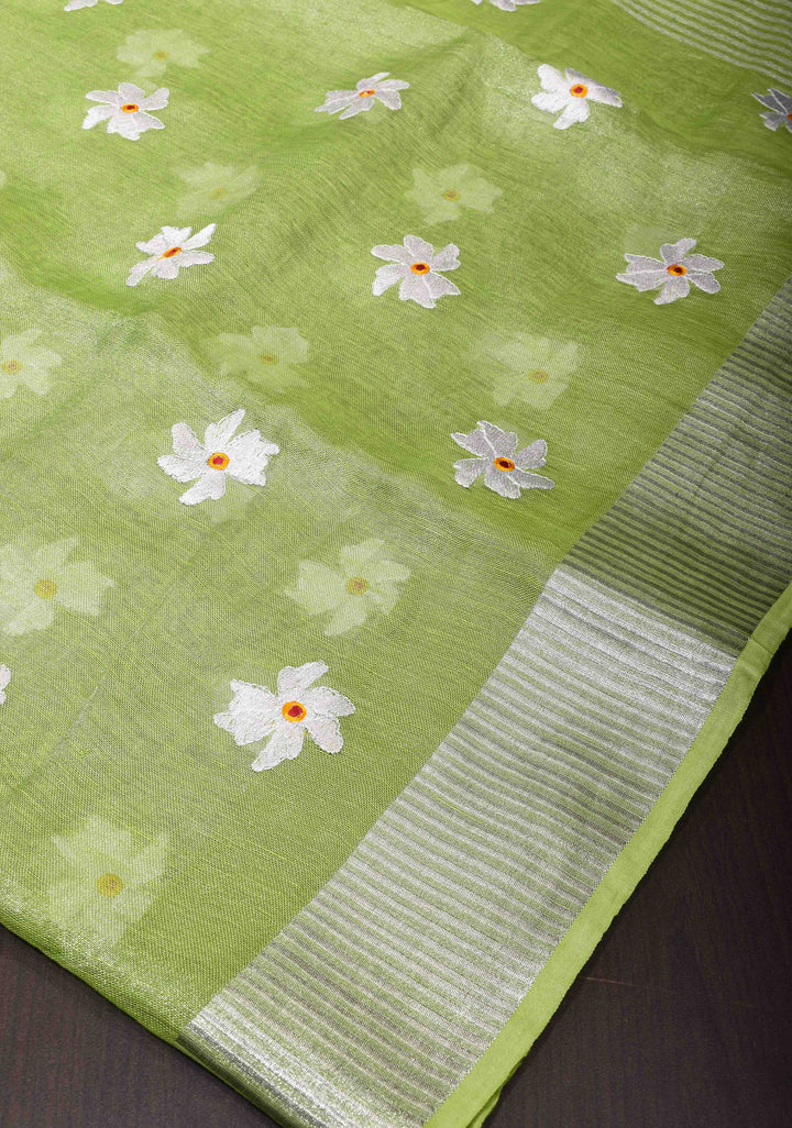 Parrot Green Linen Saree with Parijaat Flower Embroidery  | Shobitam saree