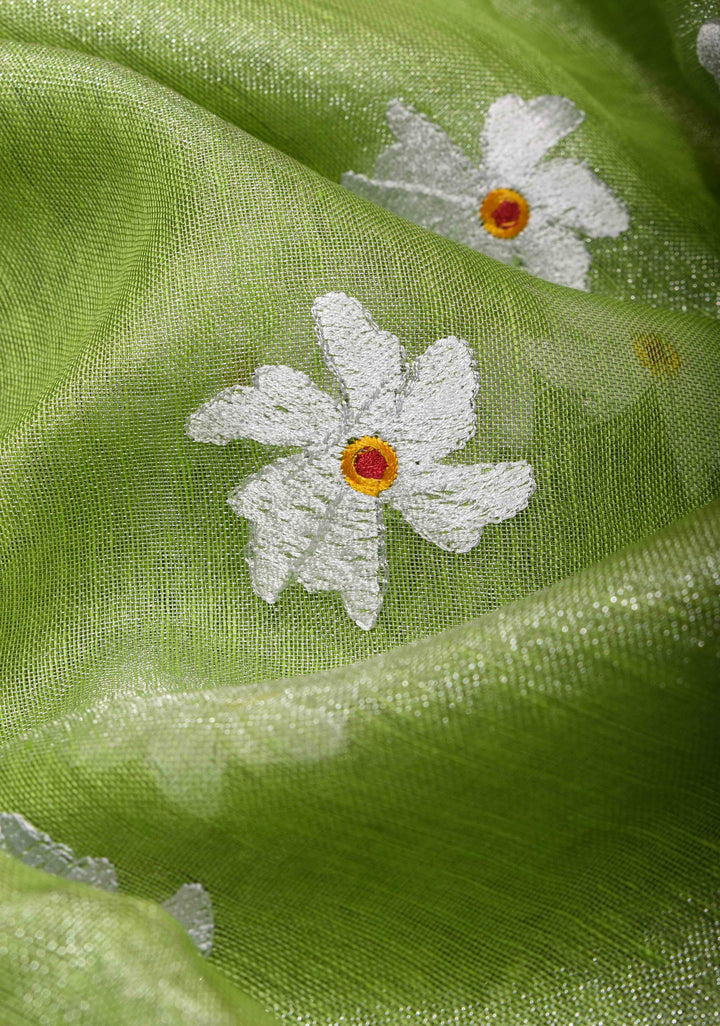 Parrot Green Linen Saree with Parijaat Flower Embroidery  | Shobitam saree