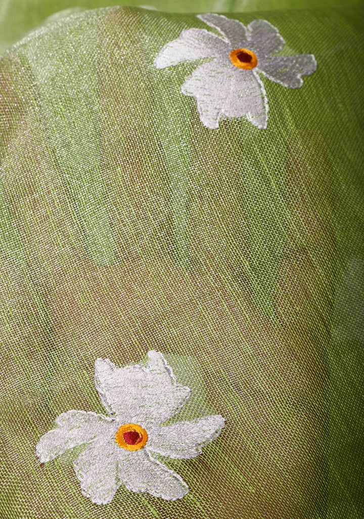 Parrot Green Linen Saree with Parijaat Flower Embroidery  | Shobitam saree