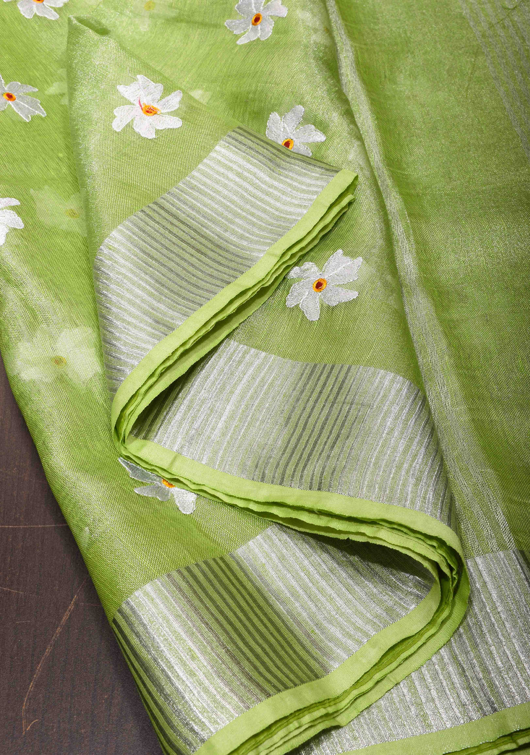 Parrot Green Linen Saree with Parijaat Flower Embroidery  | Shobitam saree