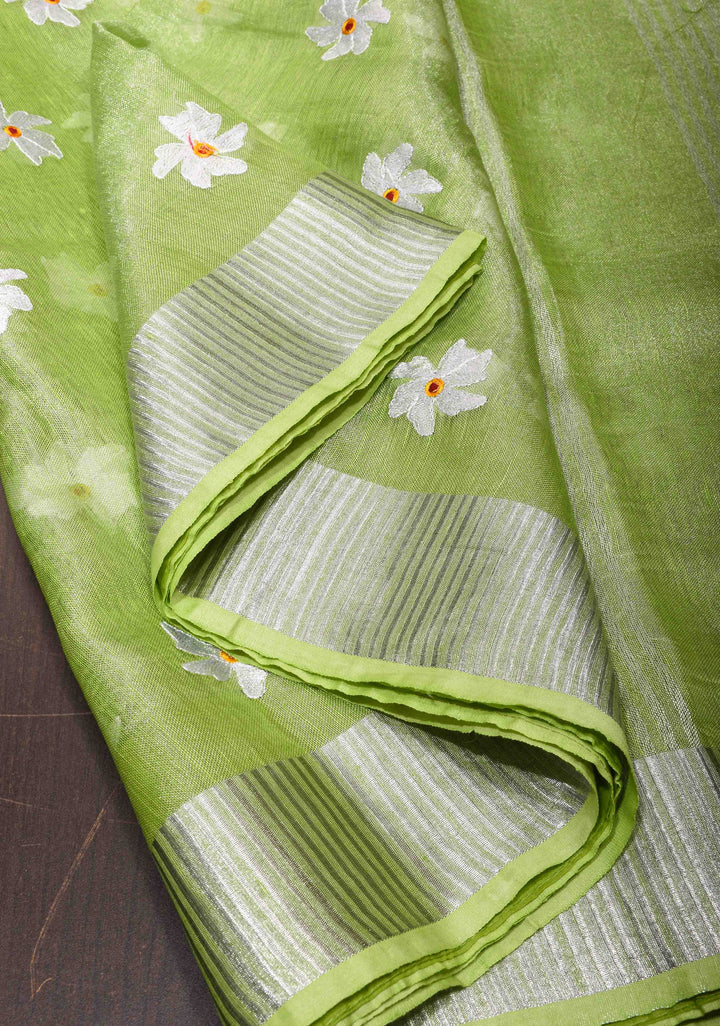 Parrot Green Linen Saree with Parijaat Flower Embroidery  | Shobitam saree