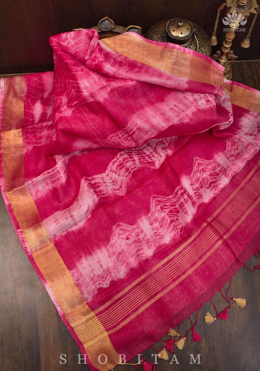 Handmade Shibori Dye Pure Linen by Linen Saree in Amaranth Pink and White with long tassels