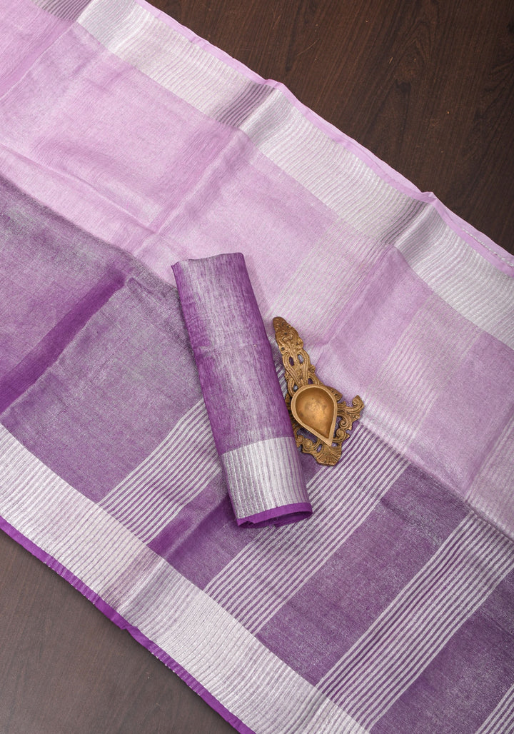 Dark Lilac Ombre Silver Tissue Linen Saree with Silver Ribbed Borders