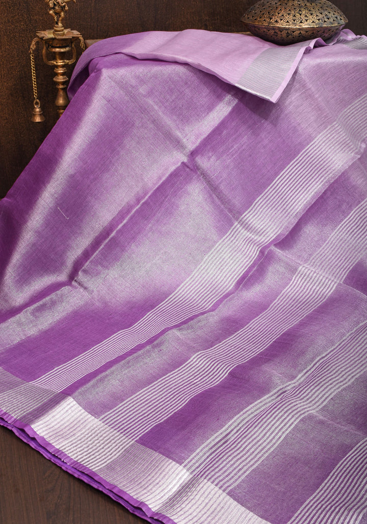 Dark Lilac Ombre Silver Tissue Linen Saree with Silver Ribbed Borders