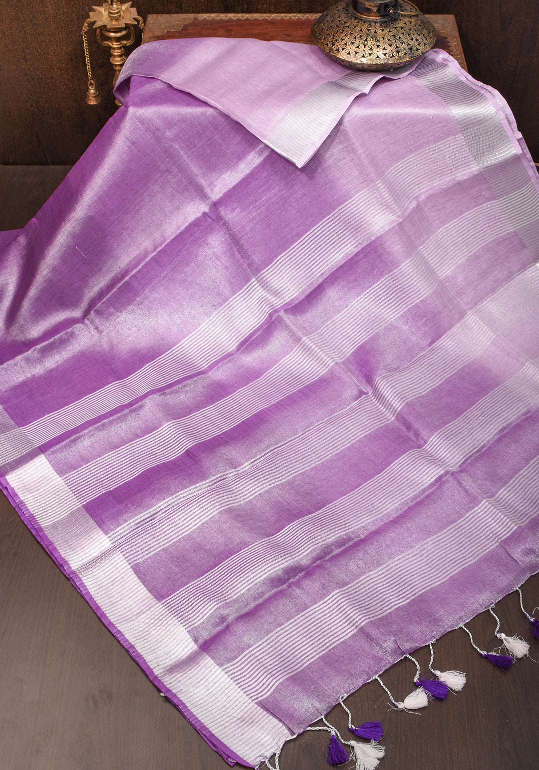 Dark Lilac Ombre Silver Tissue Linen Saree with Silver Ribbed Borders