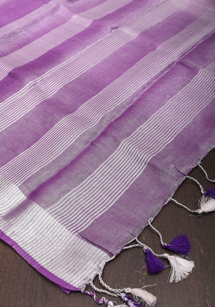 Dark Lilac Ombre Silver Tissue Linen Saree with Silver Ribbed Borders
