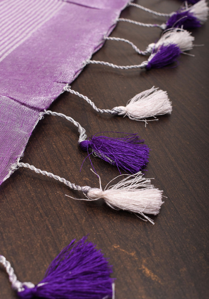 Dark Lilac Ombre Silver Tissue Linen Saree with Silver Ribbed Borders