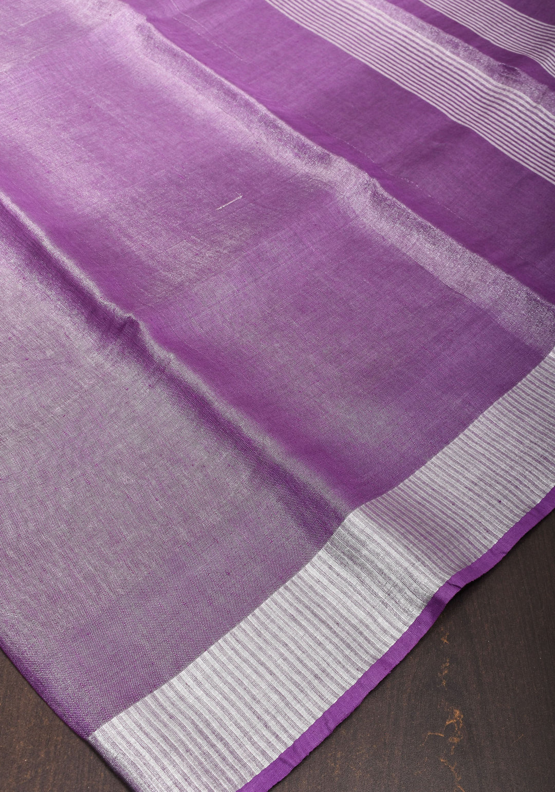 Dark Lilac Ombre Silver Tissue Linen Saree with Silver Ribbed Borders