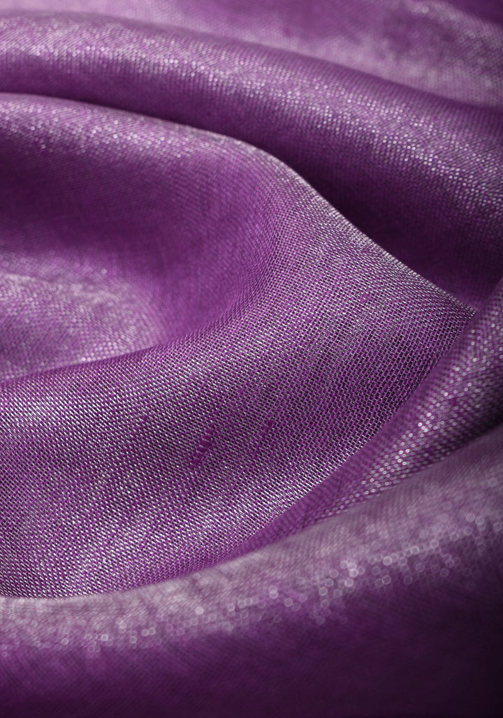 Dark Lilac Ombre Silver Tissue Linen Saree with Silver Ribbed Borders