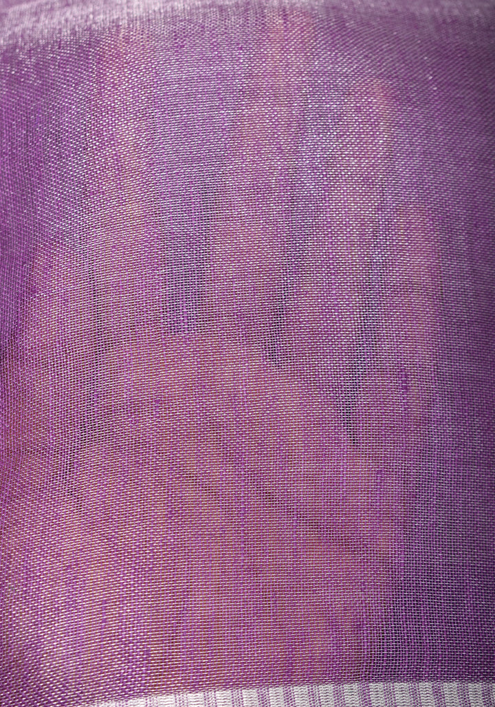 Dark Lilac Ombre Silver Tissue Linen Saree with Silver Ribbed Borders
