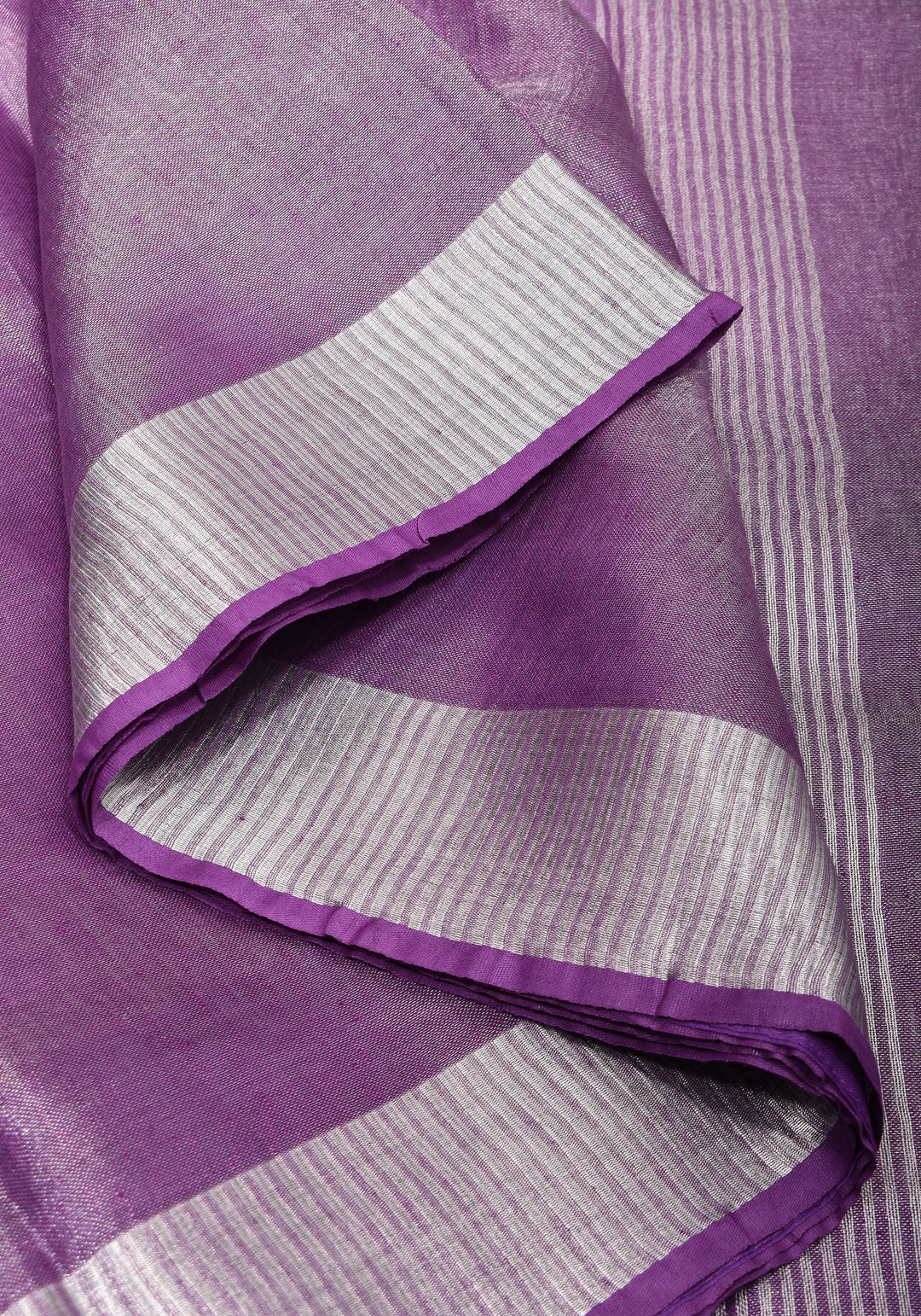 Dark Lilac Ombre Silver Tissue Linen Saree with Silver Ribbed Borders