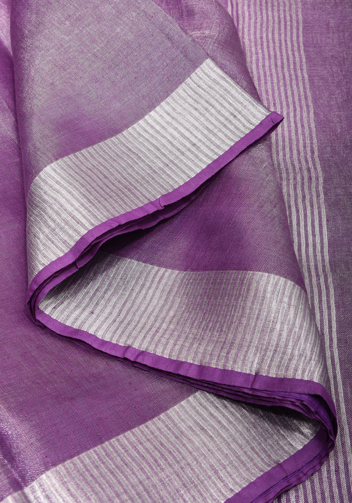 Dark Lilac Ombre Silver Tissue Linen Saree with Silver Ribbed Borders