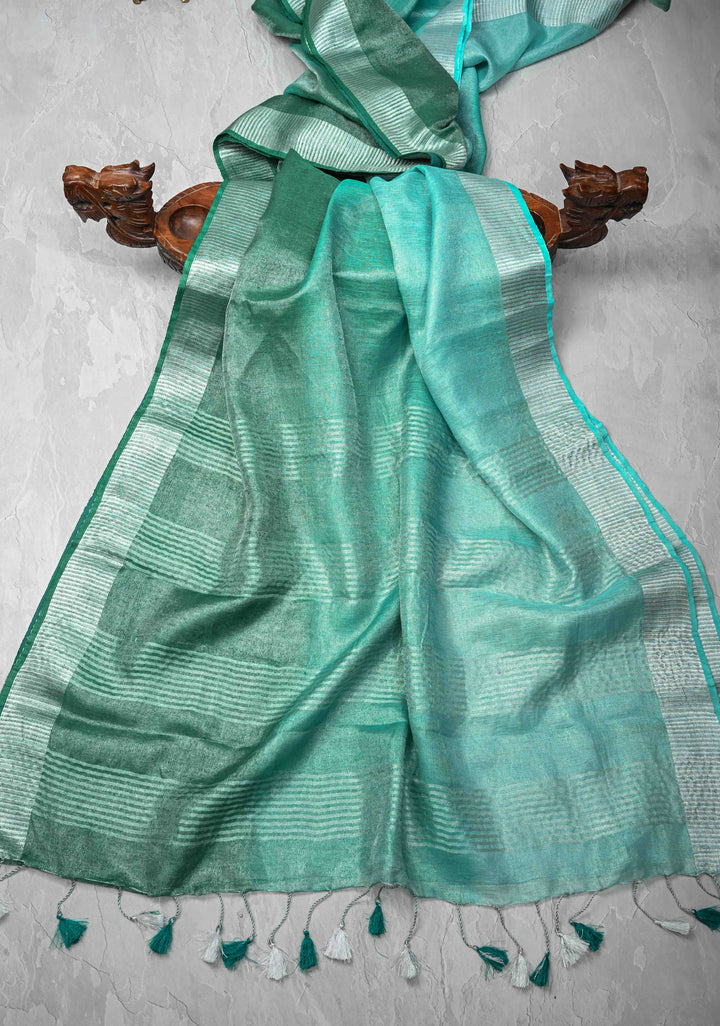 Cyan and Sea Green Ombre Shaded Tissue Linen Saree with Zari Border