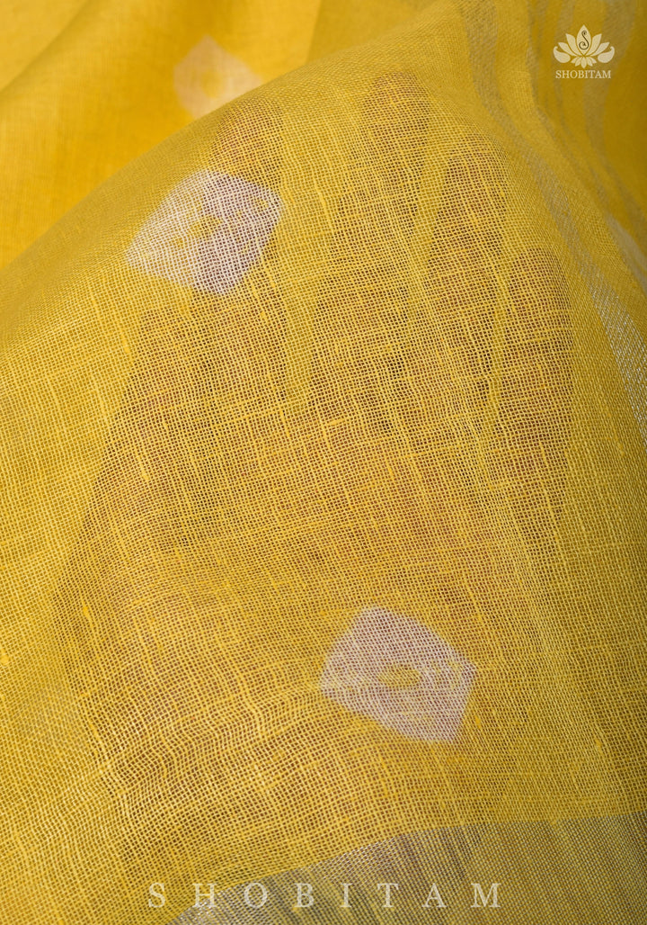 Authentic Bandini - Shibori on Pure Linen by Linen Saree with Zari Border in Sunflower Yellow