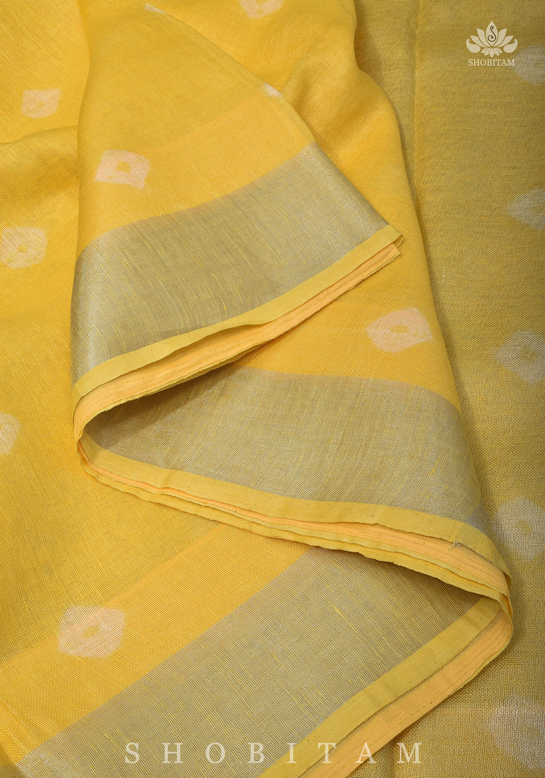 Authentic Bandini - Shibori on Pure Linen by Linen Saree with Zari Border in Sunflower Yellow