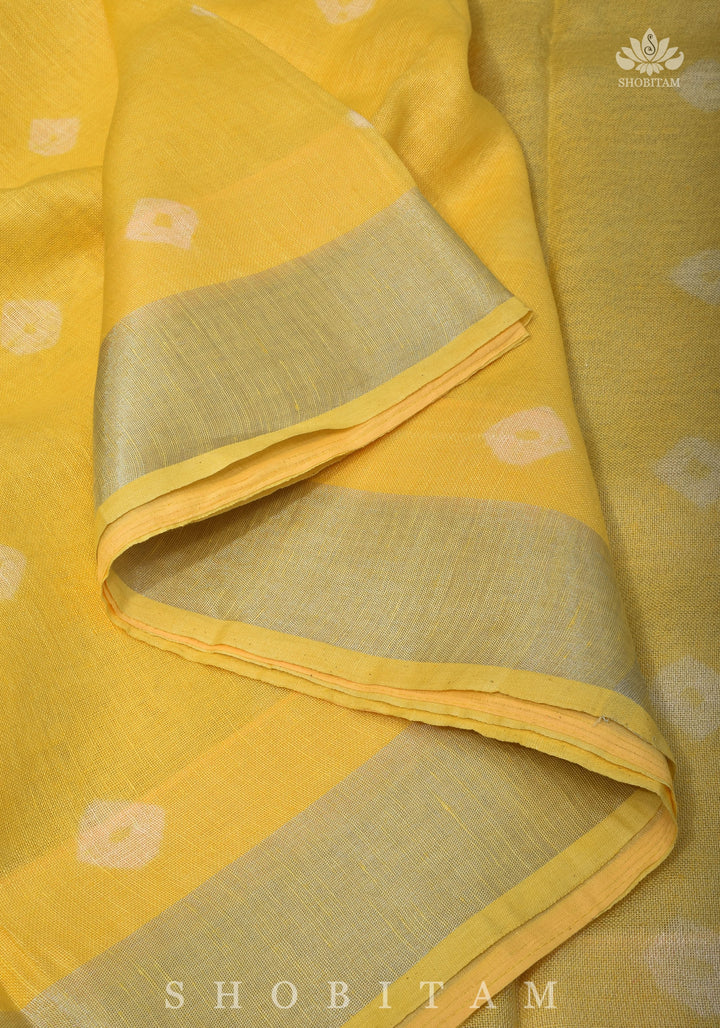 Authentic Bandini - Shibori on Pure Linen by Linen Saree with Zari Border in Sunflower Yellow
