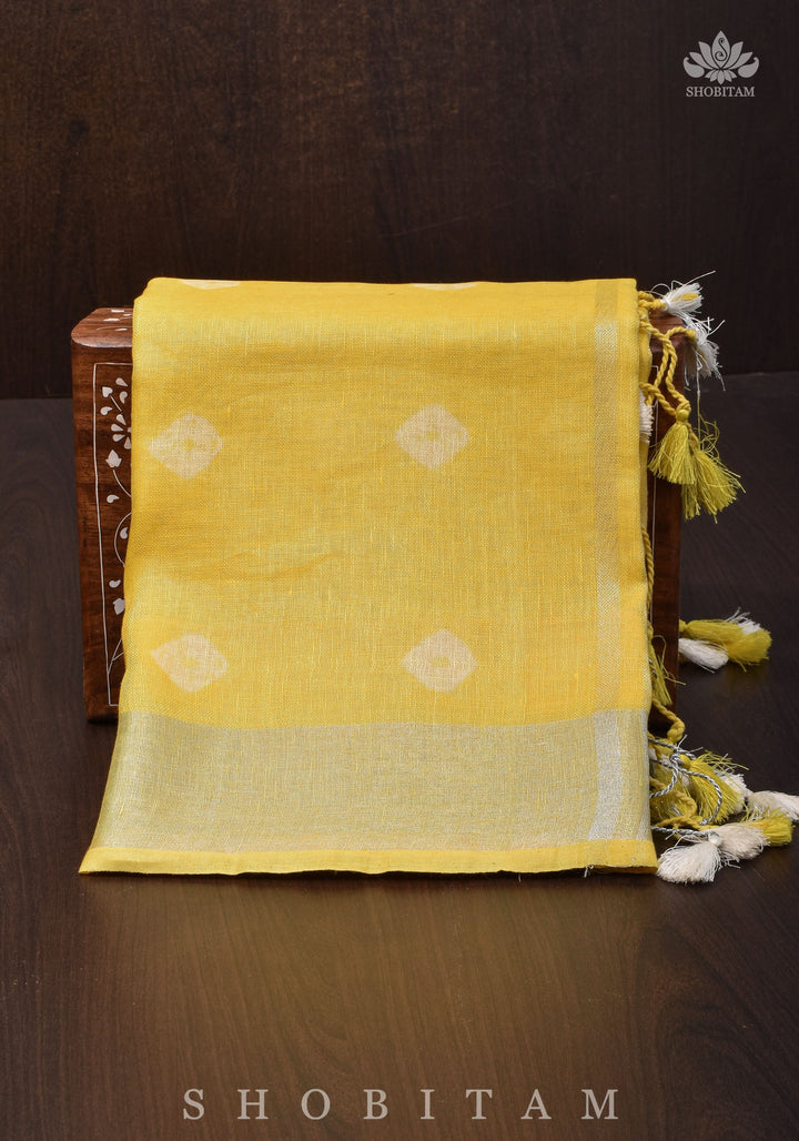 Authentic Bandini - Shibori on Pure Linen by Linen Saree with Zari Border in Sunflower Yellow