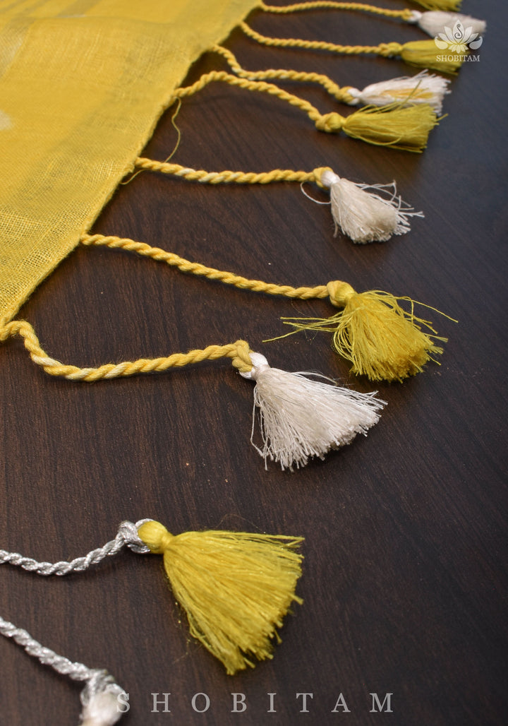 Authentic Bandini - Shibori on Pure Linen by Linen Saree with Zari Border in Sunflower Yellow
