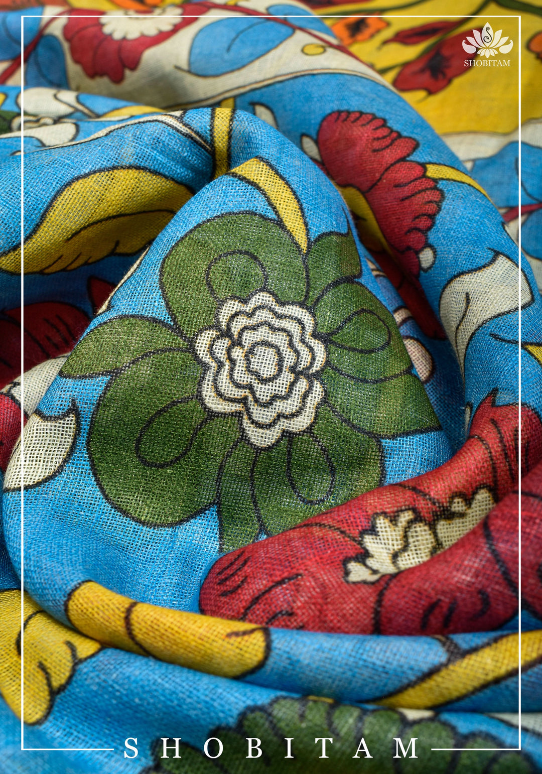 Blue Kalamkari Linen Saree with Digital Print | Shobitam Saree