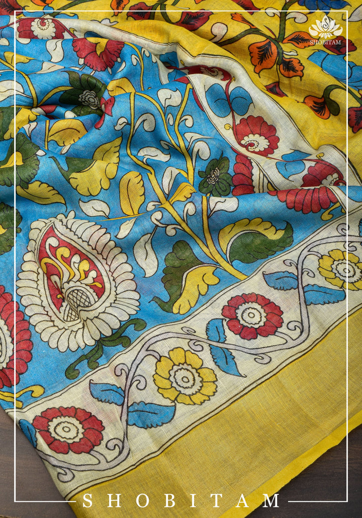 Blue Kalamkari Linen Saree with Digital Print | Shobitam Saree