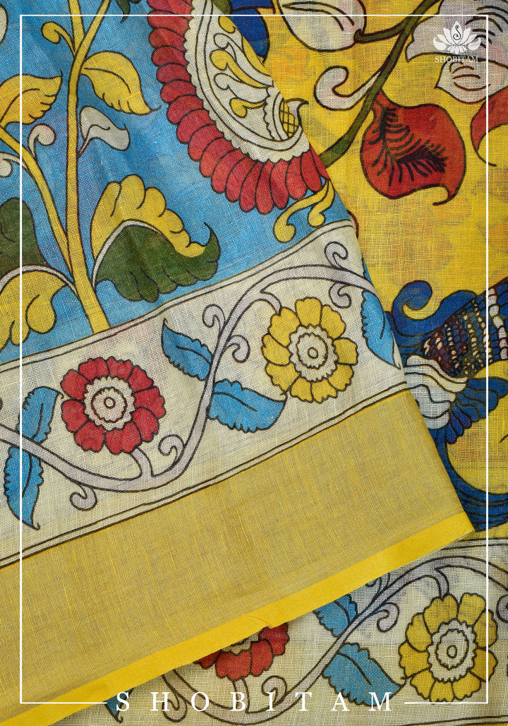 Blue Kalamkari Linen Saree with Digital Print | Shobitam Saree