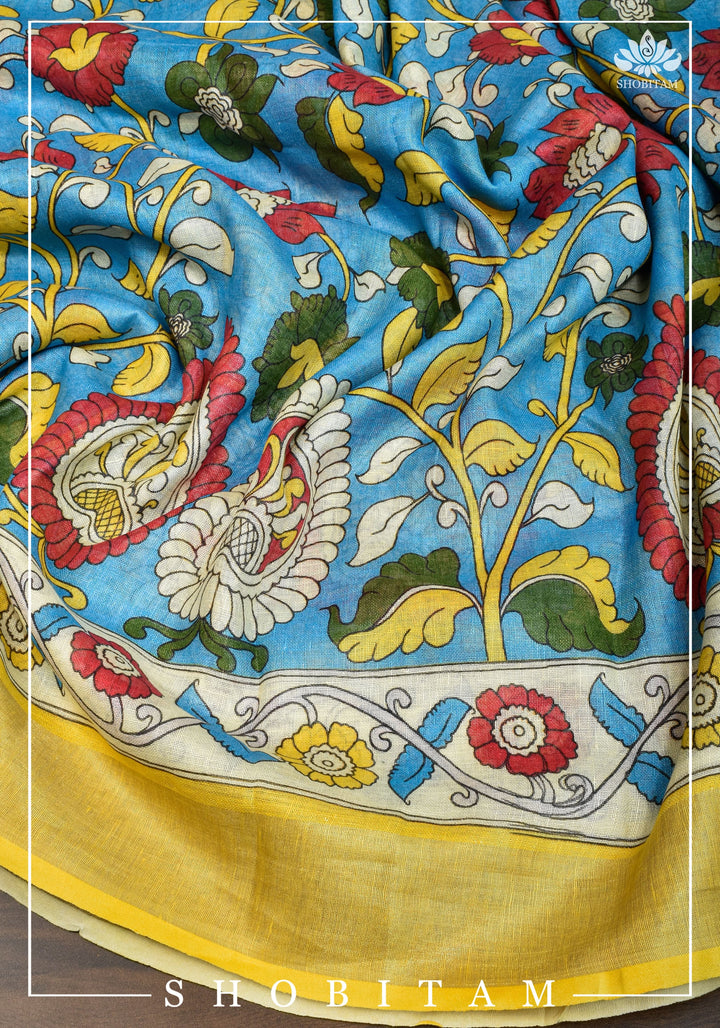 Blue Kalamkari Linen Saree with Digital Print | Shobitam Saree