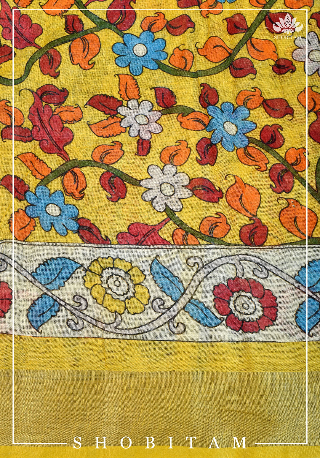 Blue Kalamkari Linen Saree with Digital Print | Shobitam Saree