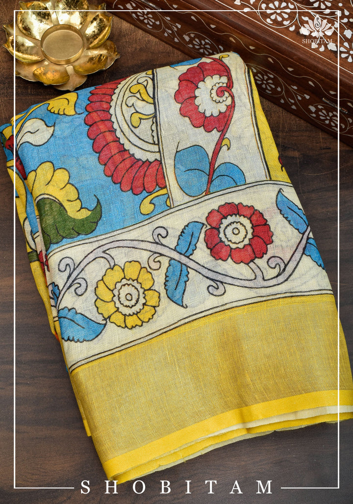 Blue Kalamkari Linen Saree with Digital Print | Shobitam Saree