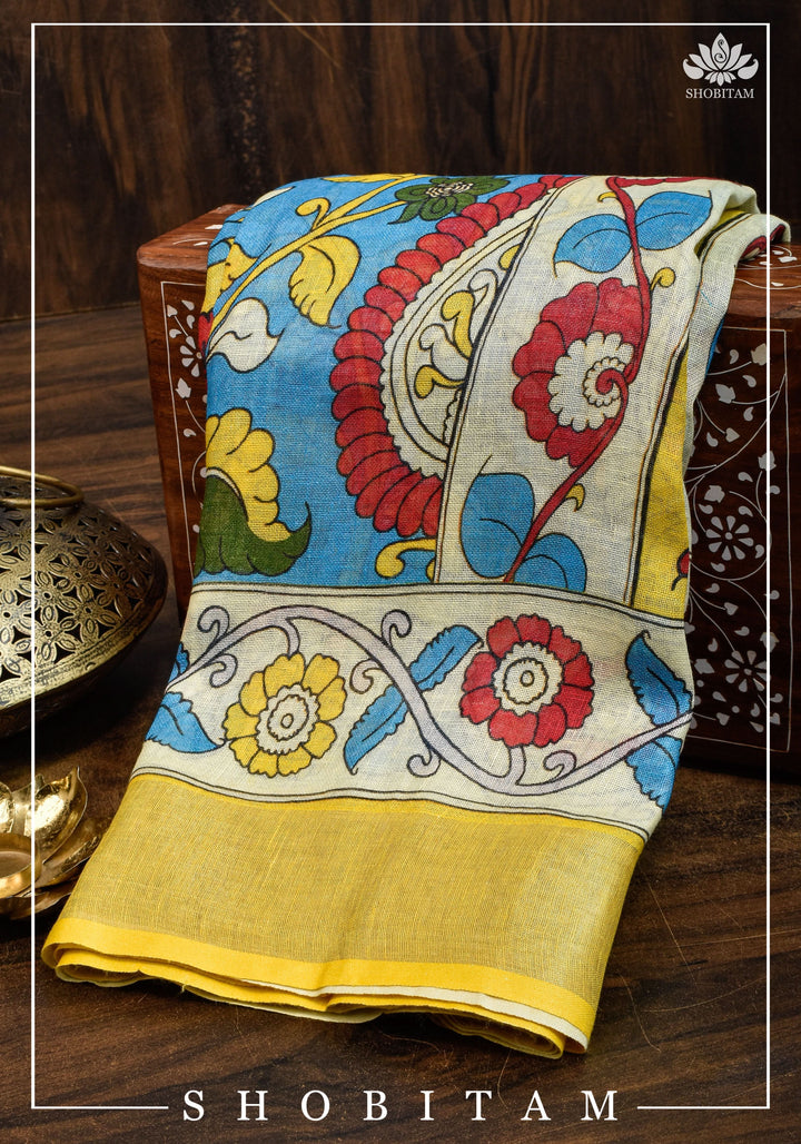 Blue Kalamkari Linen Saree with Digital Print | Shobitam Saree