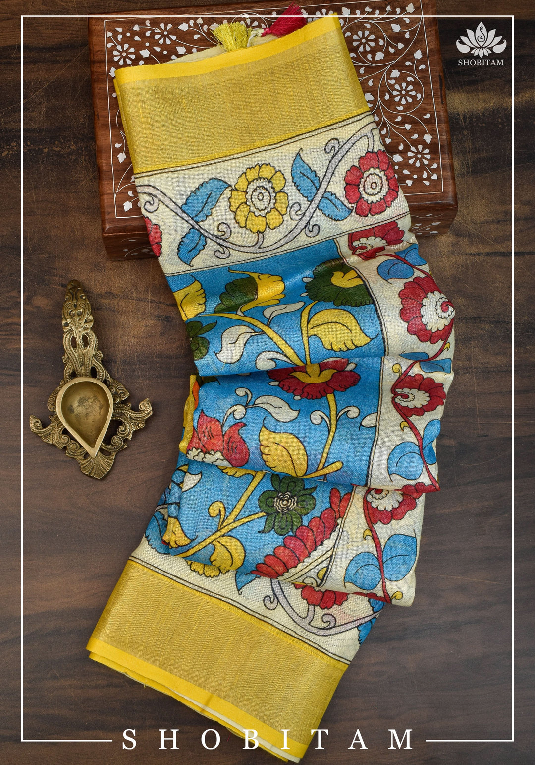 Blue Kalamkari Linen Saree with Digital Print | Shobitam Saree